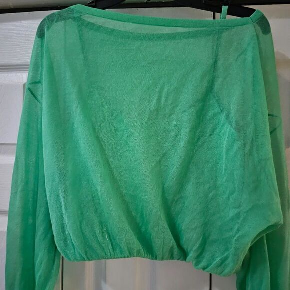 Express Women's Green Sheer Boat Neck Dolman Sleeve Cropped Sweater Size Medium - Picture 7 of 12